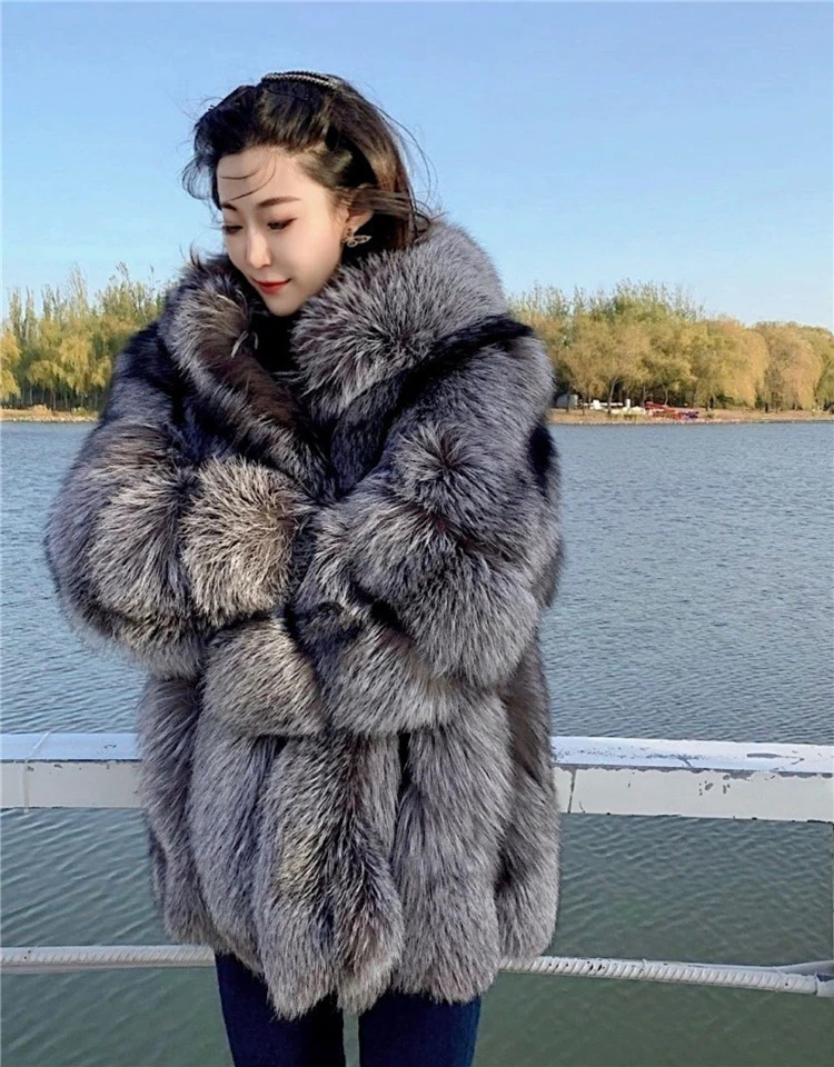 Winter Women Real Silver Fox Fur Coat Long Genuine Fur Jacket Luxury Natural Fur Streetwear Hooded Plush