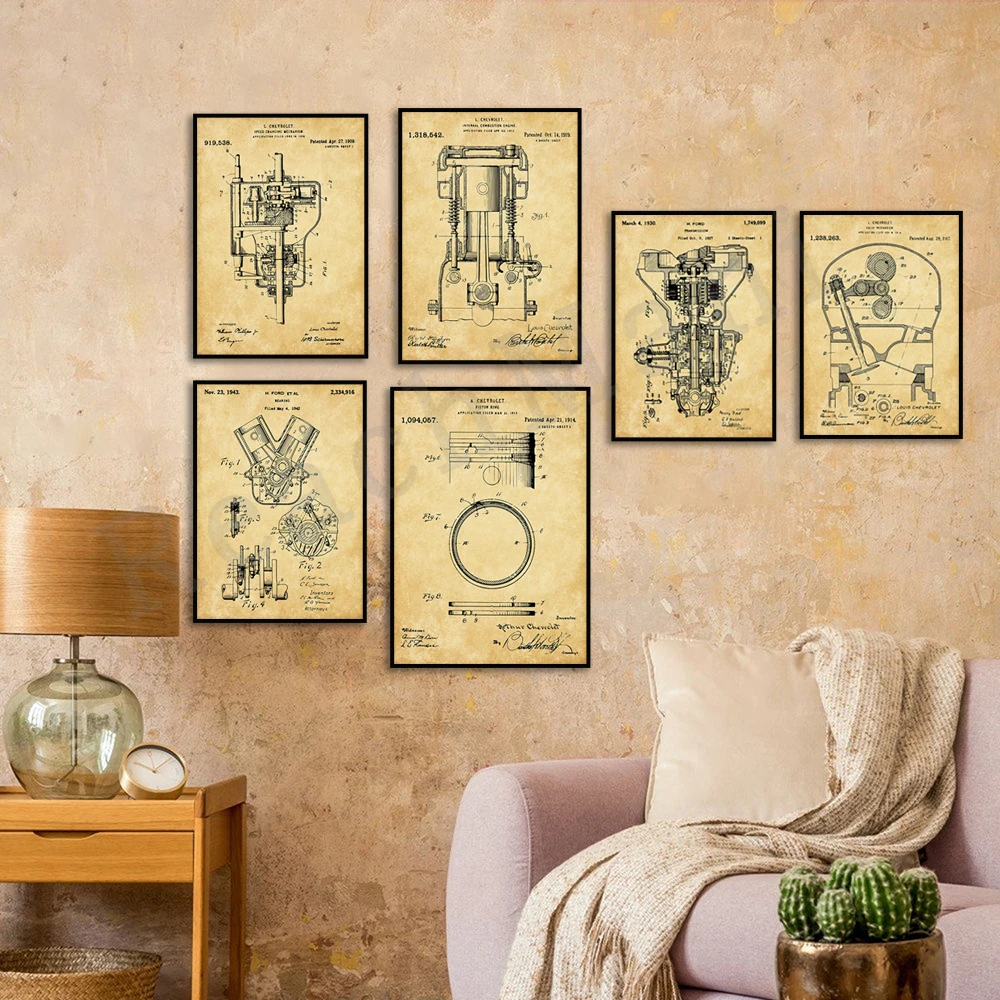 Engine internal components patent poster, bearing, internal combustion engine, gearbox, piston patent, gift to him wall art