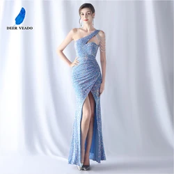 DEERVEADO One Shoulder Evening Party Dresses with Beads Women's Chic Formal Occasion Dress Long Prom Dresses