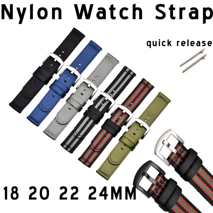 

Quick Release Nylon Watch Band 18mm 20mm 22mm 24mm Watch Strap Steel Silver Black Buckle Wrist Bracelet