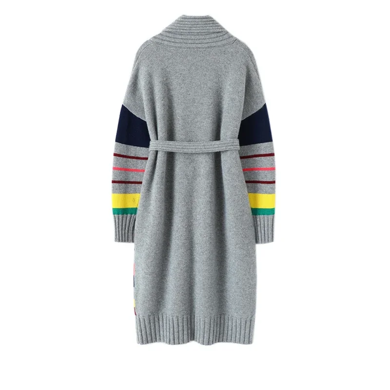 Long Cardigan Women 100% Cashmere Winter Warm Sweater Women Latest Fashion Clothes Korean Fashion Striped Adjustable Waist