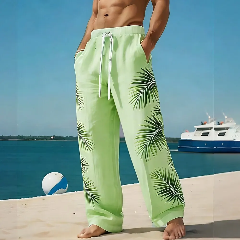 Men's Tropical Palm Leaf 3D Print Casual Pants, Baggy Mid Waist, Elastic Drawstring, Hawaiian Beach Vacation Wear
