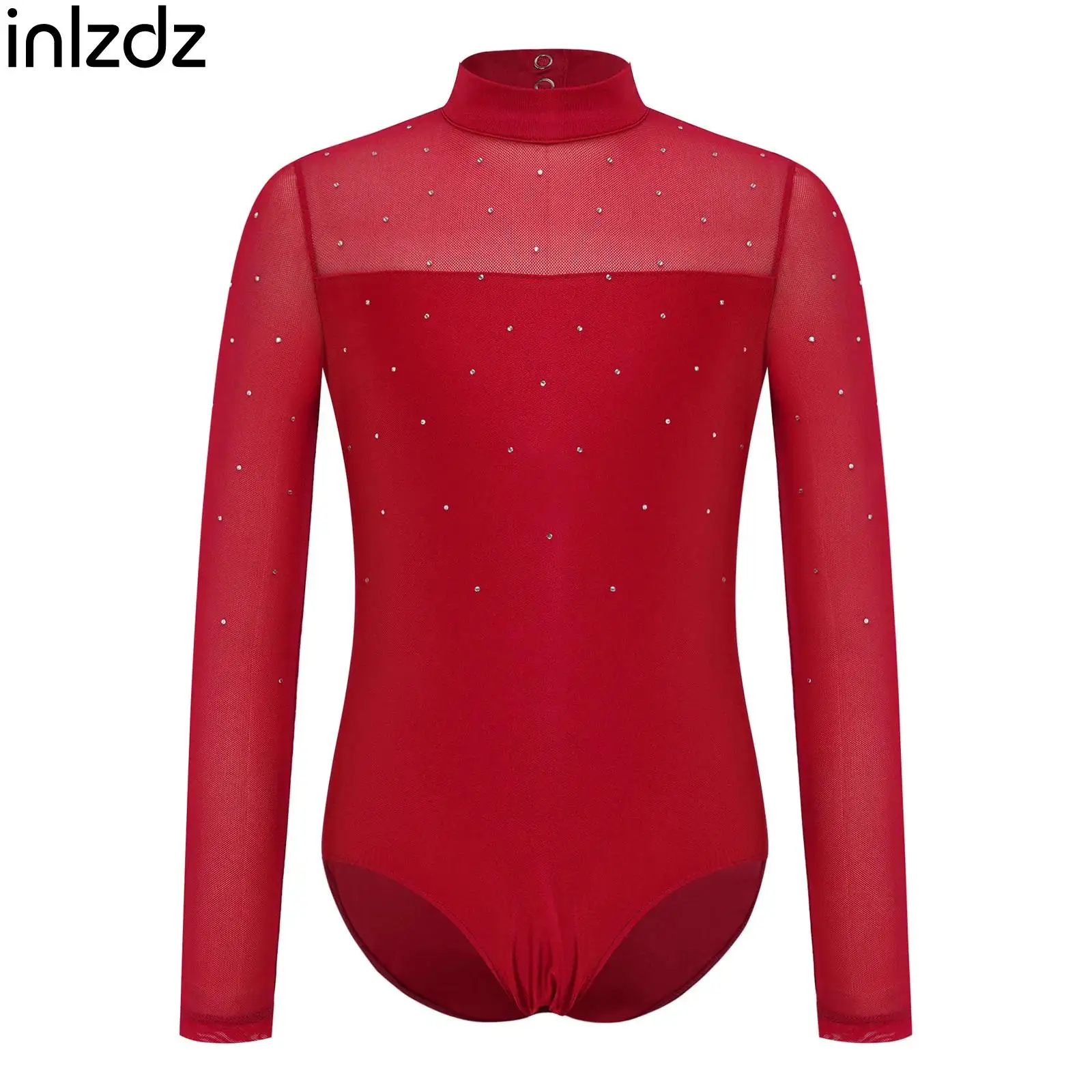 

Kids Girl Turtleneck Long Sleeve Mesh Patchwork Gymnastics Leotard Shiny Rhinestone Ballet Dance Bodysuit Romper Lyric Dancewear