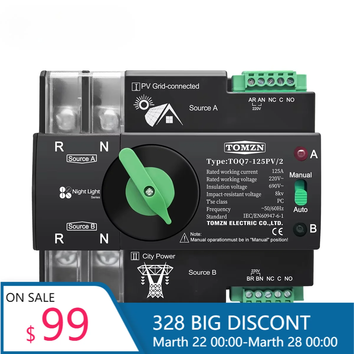 TOMZN TOQ7 2P 63A-125A Din Rail PV ATS 220V/230V Dual Power Automatic Transfer Switch Uninterrupted Selector