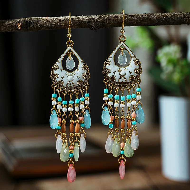Bohemian Ethnische Lange Antik Gold Farbe Emaille Wasser Tropfen Ohrringe für Frauen Bunte Reis Perle Quaste Ohrring Pendientes Mujer – Detail 8