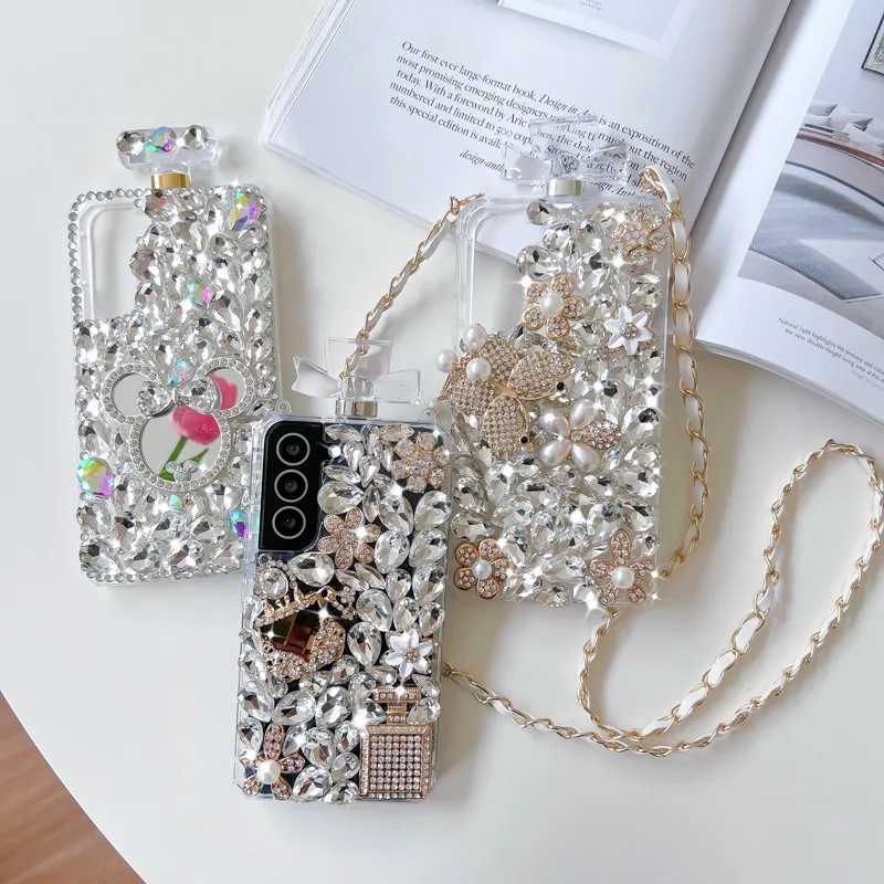 Crossbody Rhinestone Perfume Bottle Shape Phone Case For Samsung S24 S23 S22 Ultra A72 73 A52 A50 A30 Crystal Mirror Flora Cover