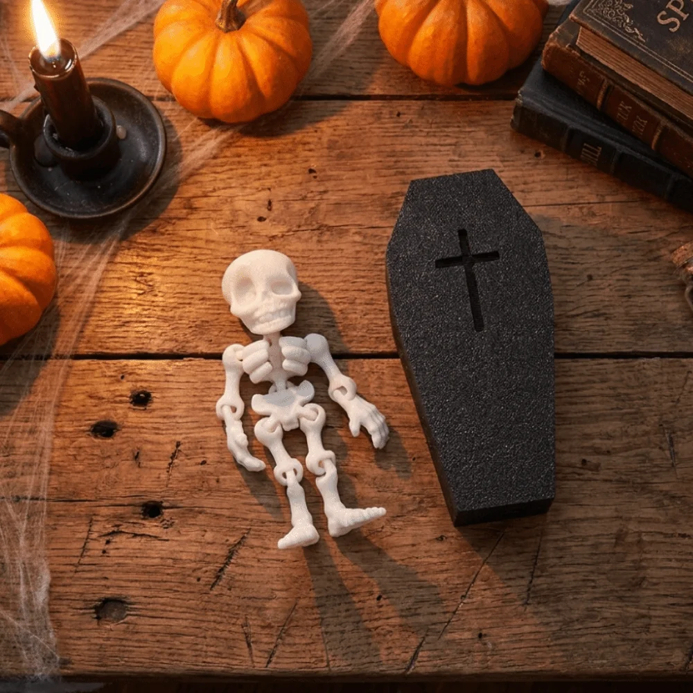 3D-Printed Articulated Skeleton Flexible Joints Removable Posable Skeleton Plastics Halloween Mini Coffin Box Office