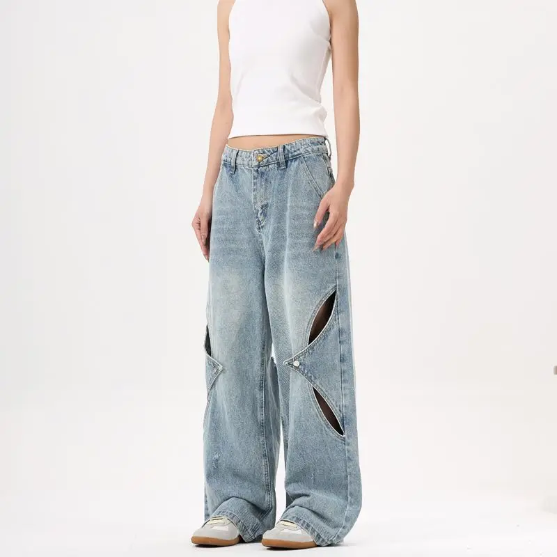 Celana jeans baggy dekonstruksi patchwork gaya Amerika, celana jeans robek untuk pria dan wanita, potongan lebar longgar unisex, potongan lurus