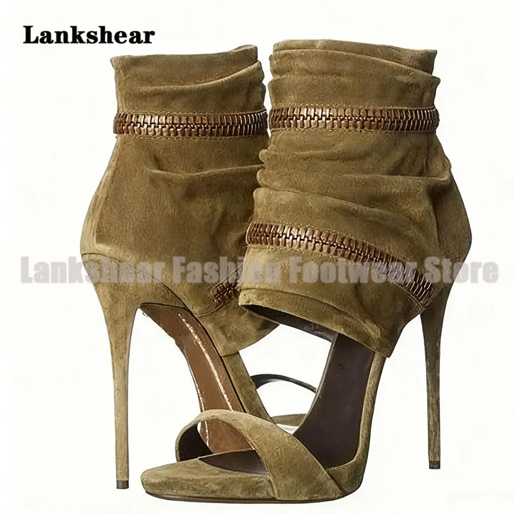 Army Green Suede Stiletto Heels Sandals Zip Ankle Wrap Open Toe Sandals Boots Women Shoes Summer Sandalias De Mujer Verano