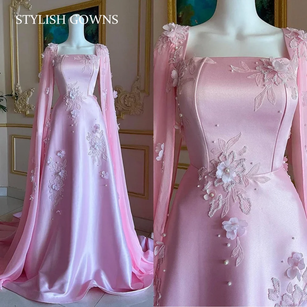 

Customized Pink Evening Dress Exquisite Square A-line Dresses With Cape Flower Birthday Party Gowns Vestido Largo Robe Longue