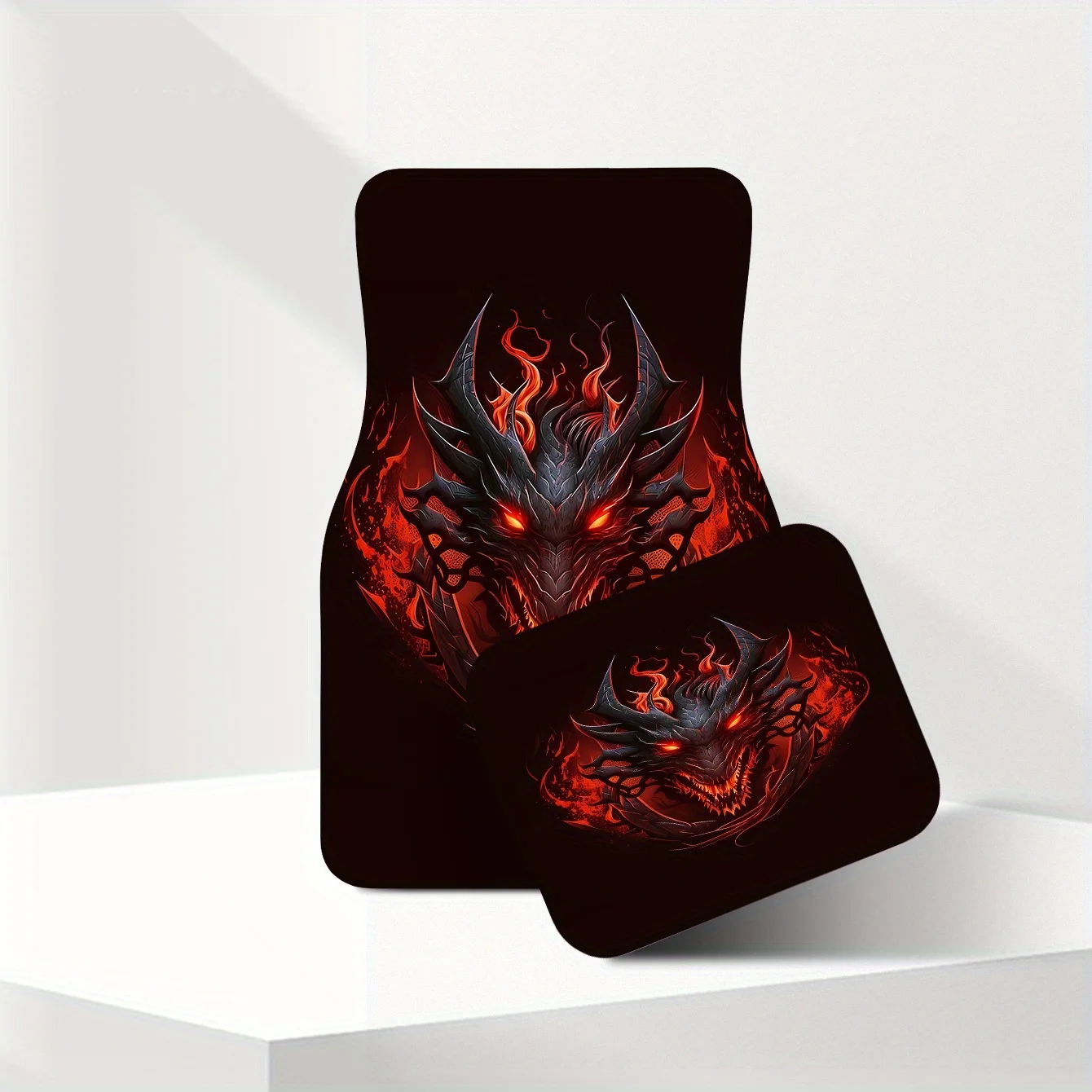 A Set Of Four Fiery Dragon Head Car Mats Featuring A Majestic Design, Trendy And Stylish, Suitable For All Seasons, Durable, Eas