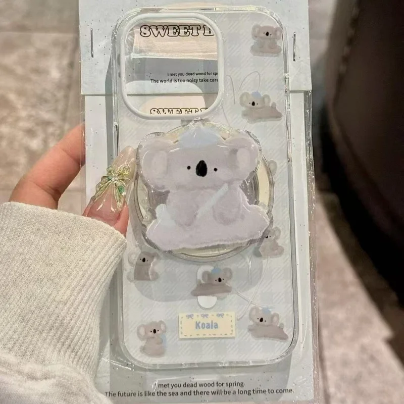 Caja magnética del teléfono del koala de la rejilla de la cáscara con el tenedor magnético del koala para el iPhone 11 12 13 14 15 16 pro max