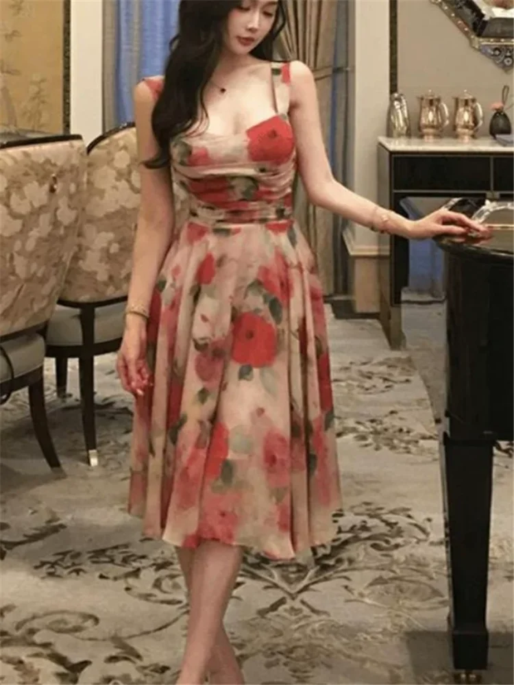 

Resort Style Summer Floral Rose Suspender Straps A Line Dress Big Size Women Holiday Vintage Flower Print Camisole Party Dress