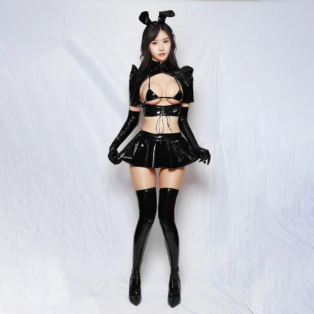 

​4 Pcs Set Woman Patent Leather Erotic Lingerie Top+mini Bra+headband+Skirt(socks And Gloves Not Included) Temptation Underwear