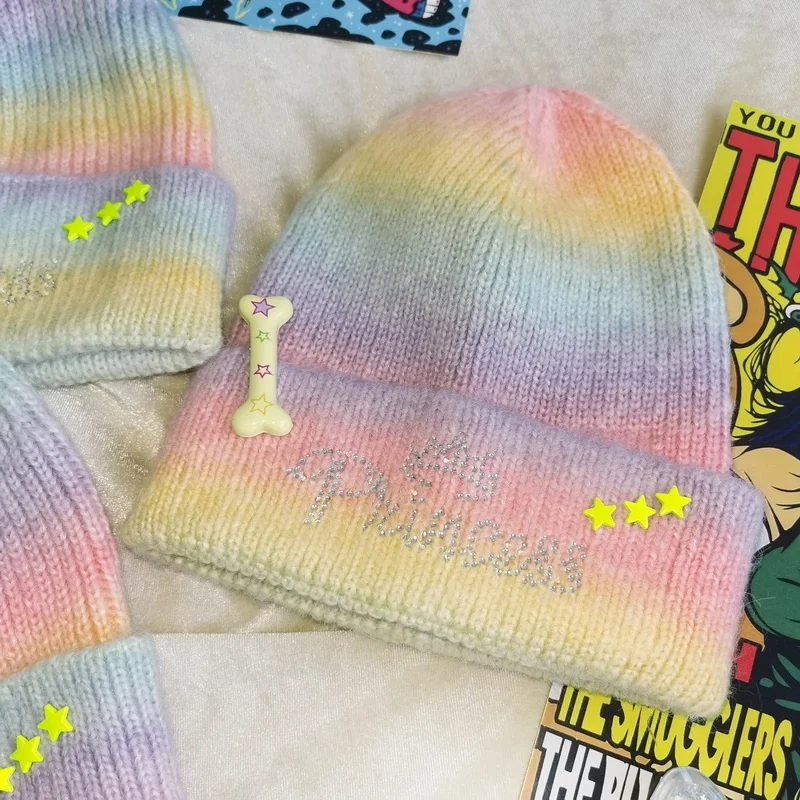 Harajuku Decorative Star Nail Rhinestone Warm Knitted Gradient Color Girls Knit Woolen Cap Sweet Cute Style Non-Seasonal Hat