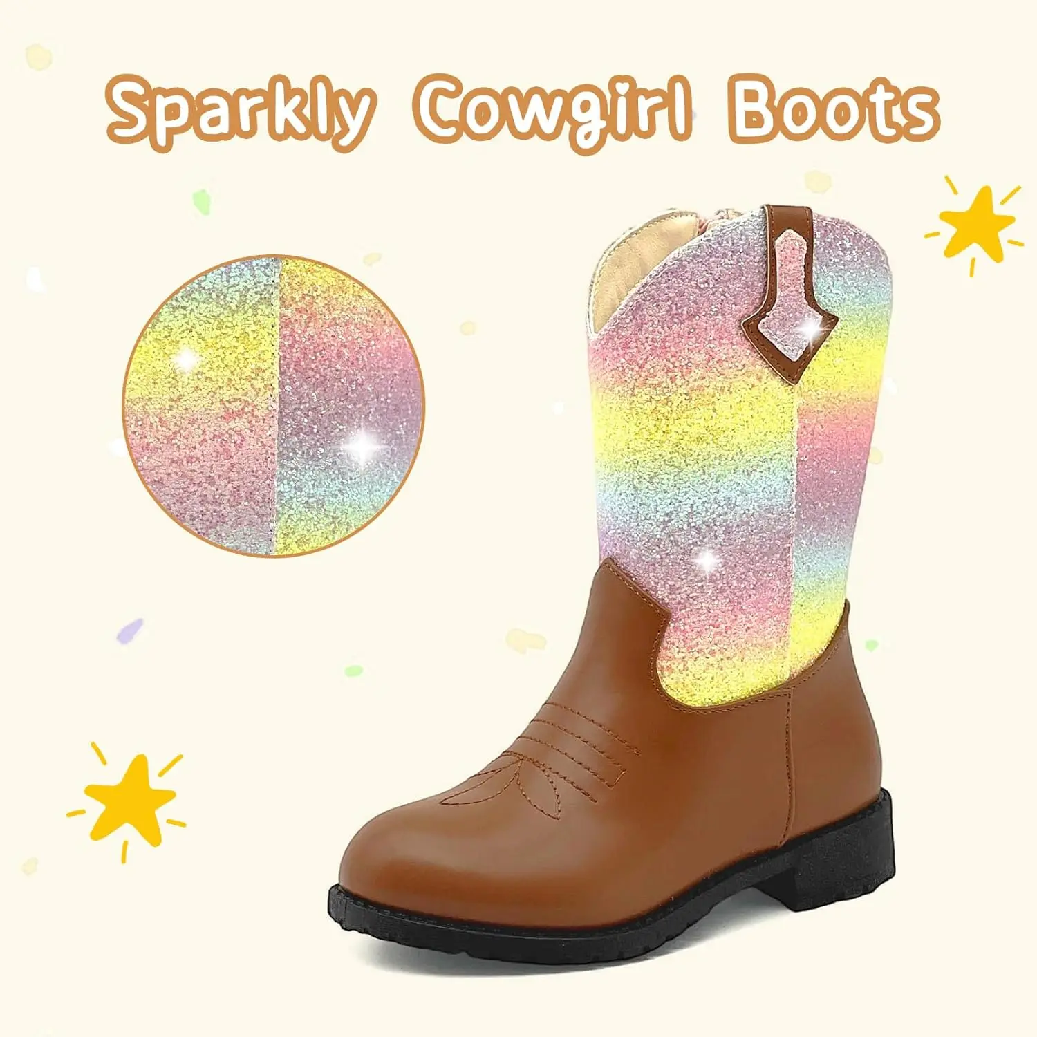 Botas de cowgirl para meninas com glitter, botas de cowboy brilhantes para crianças pequenas, botas de cano médio, sapatos de equitação ocidental para meninas e meninos