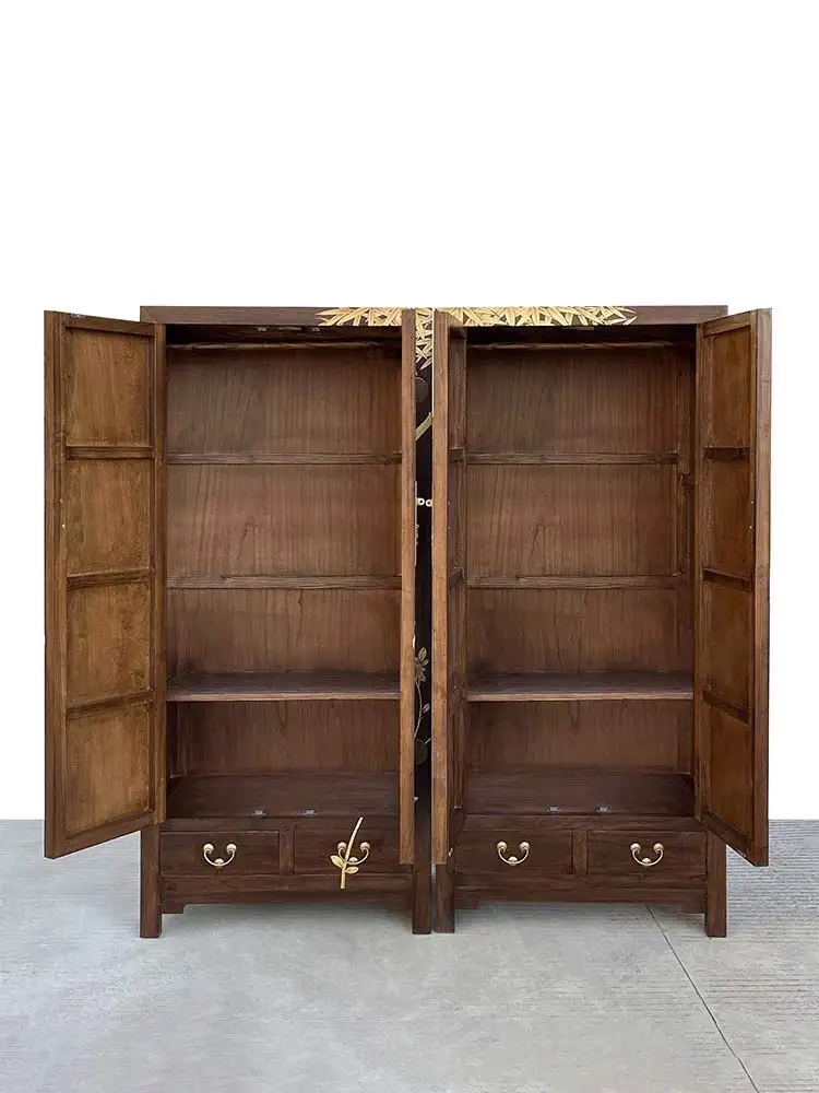 Chinese Painted Wardrobe Gold-Painted Storage National Style Bedroom Wardrobe Elm Classical Solid Wood Furniture