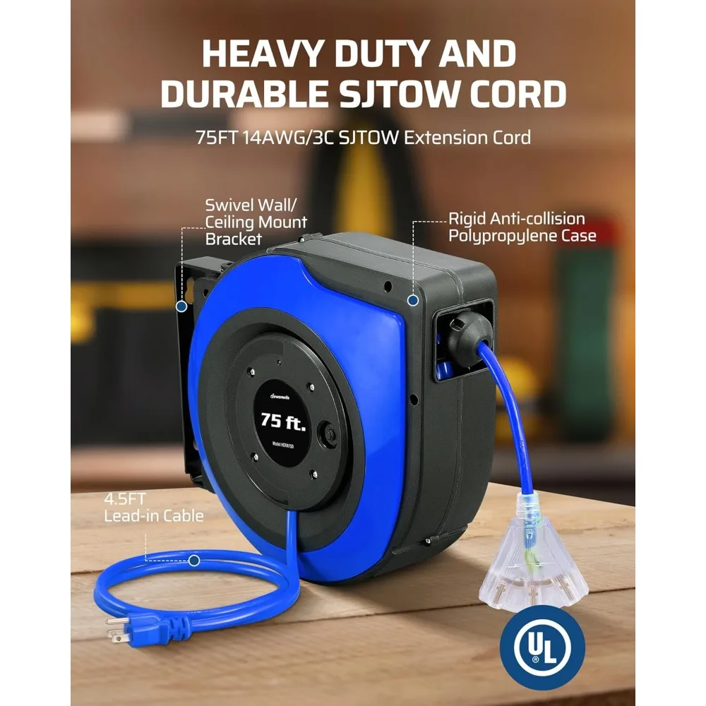 

Retractable Extension Cord Reel, 75 FT Heavy Duty Power Cord, 14/3C SJTOW Retractable Cord Reel, Lighted Triple Outlets