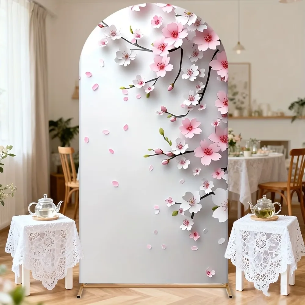 VIKAMA Sakura Blumen Frühlingsbogen Hintergrund Spandex-Stoff Hochzeit Babyparty Geburtstag Party Deko Fotobox Hintergrund