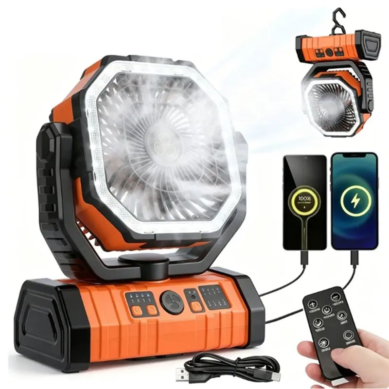 BABZ 20000mAh Rechargeable Battery Operated Fan with LED Light Portable Camping Desk Fan for Outdoor Tent