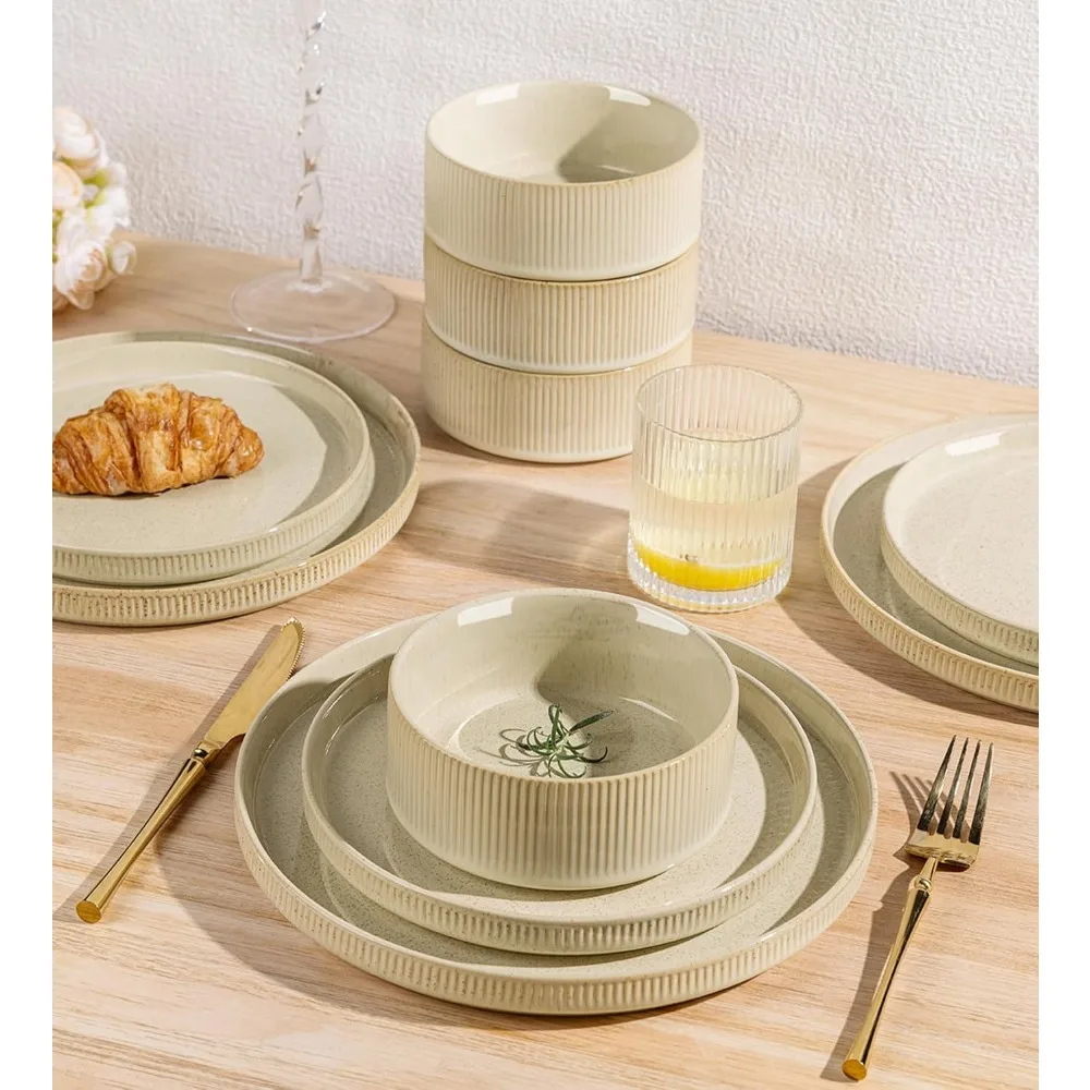 طقم أواني طعام تيرا سيراميك تتسع لـ 8 أشخاص: مجموعة أطباق بورسلين ووعاء مكون من 24 قطعة، متينة وخفيفة الوزن، آمنة للفرن #6