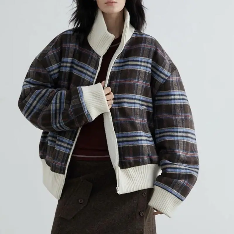 

Women's Winter Coat American Retro Plaid Collar Fleece Jacket Cotton Coat Women Autumn Winter Loose Casual Warm Zip Up Top