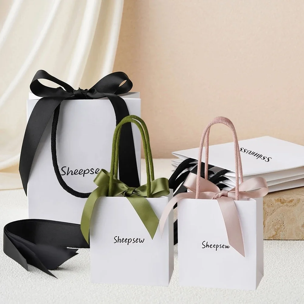 

White Paper Bags With Satin Ribbon & Your Logo Personalized Gift Handles Bag For Business Presentation Event Party Shopping Bulk