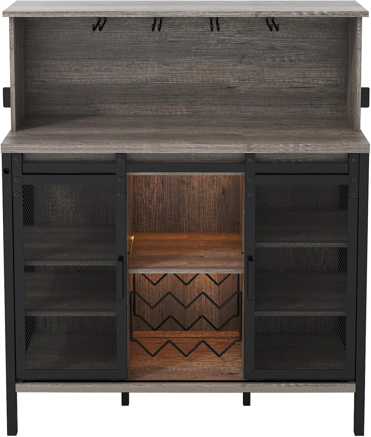 QNICE LED Industrial Wine Bar Cabinet for Liquor and Glasses/Sliding Barn Door Coffee Bar Cabinet with Light/Farmhouse Sideboard