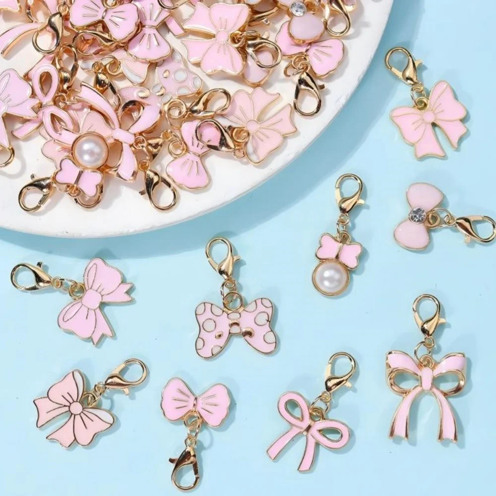 10pcs Alloy Enamel Mixed Color Bow Pearl lobster clasp For Women Bag Car Keychain Pendant Jewelry Accessories