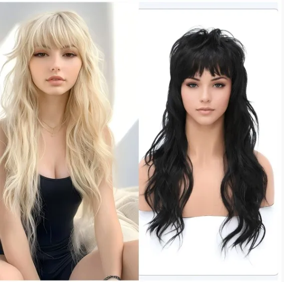 WHIMSICAL W Women's Wigs 70s 80s Fashion Singer Wigs Black Long Curly Wigs for Halloween Costume Party Wig