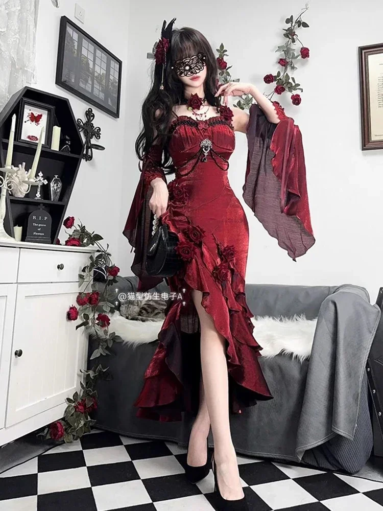 2025 Red Rose Fishtail Dress Women New 2024 Autumn Lolita Sweet Sexy Girl Slim Goth Mid-length Suspender Dress with Hand Sleeves