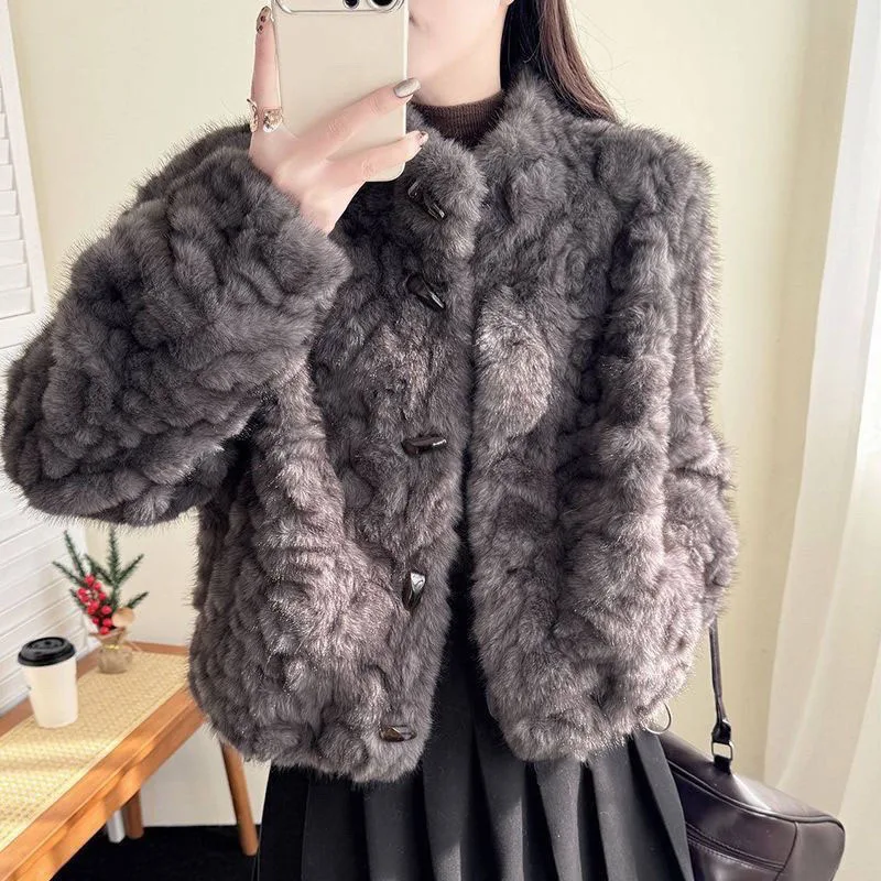 Womens Short Faux Fur Coat Fashion Holiday Party Soft Fluffy Artificial Fur Jacket Winter Horn Button Stand Collar Plush Outwear