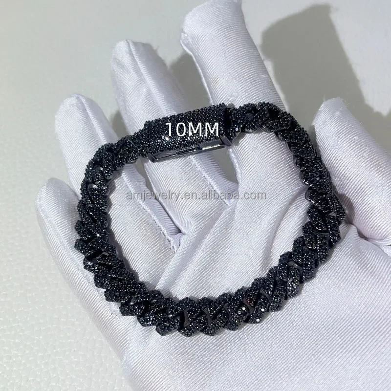 Wholesale Vvs Black Moissanite Miami Cuban Link Chain 8mm 10mm 12mm 14mm 18mm Hiphop Necklace Bracelet Men Jewelry