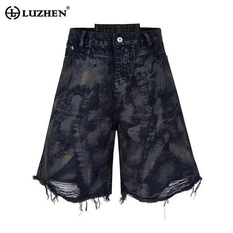 

LUZHEN 2025 Summer New Wornout Washed Burr Edge Straight Short Jeans Men Fashion Streetwear Original Tie-dyed Denim Pants JY3026