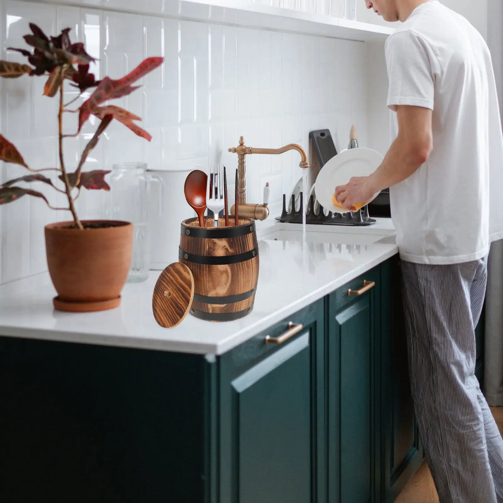 Wooden Utensil Storage Bucket Vintage Carbonized Mini Barrel Design for Cutlery Silverware Spoons Forks Chopsticks Desktop