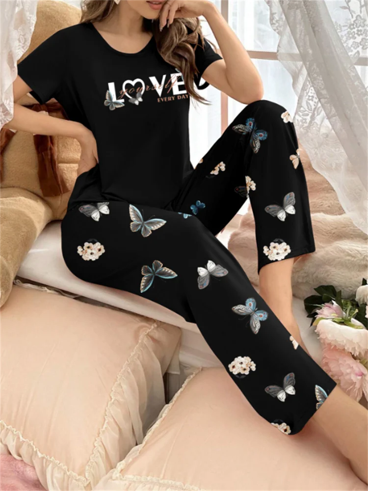 Black butterfly English letter print pajamas set short-sleeved round-neck top and elastic trousers women\'s pajamas home wear