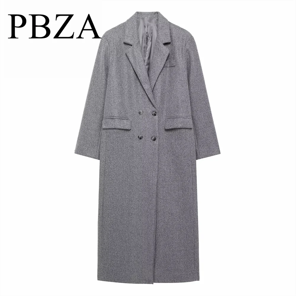 

Women's gray woolen coat for autumn and winter new high-end style suit collar cotton wool blend windbreaker style long jacket