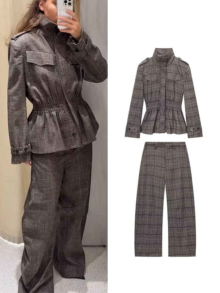 TFMLN, conjunto de pantalones y abrigo a cuadros para mujer, chaqueta Vintage con cuello levantado y cintura informal, traje de pantalones a la moda para Otoño e Invierno 2025