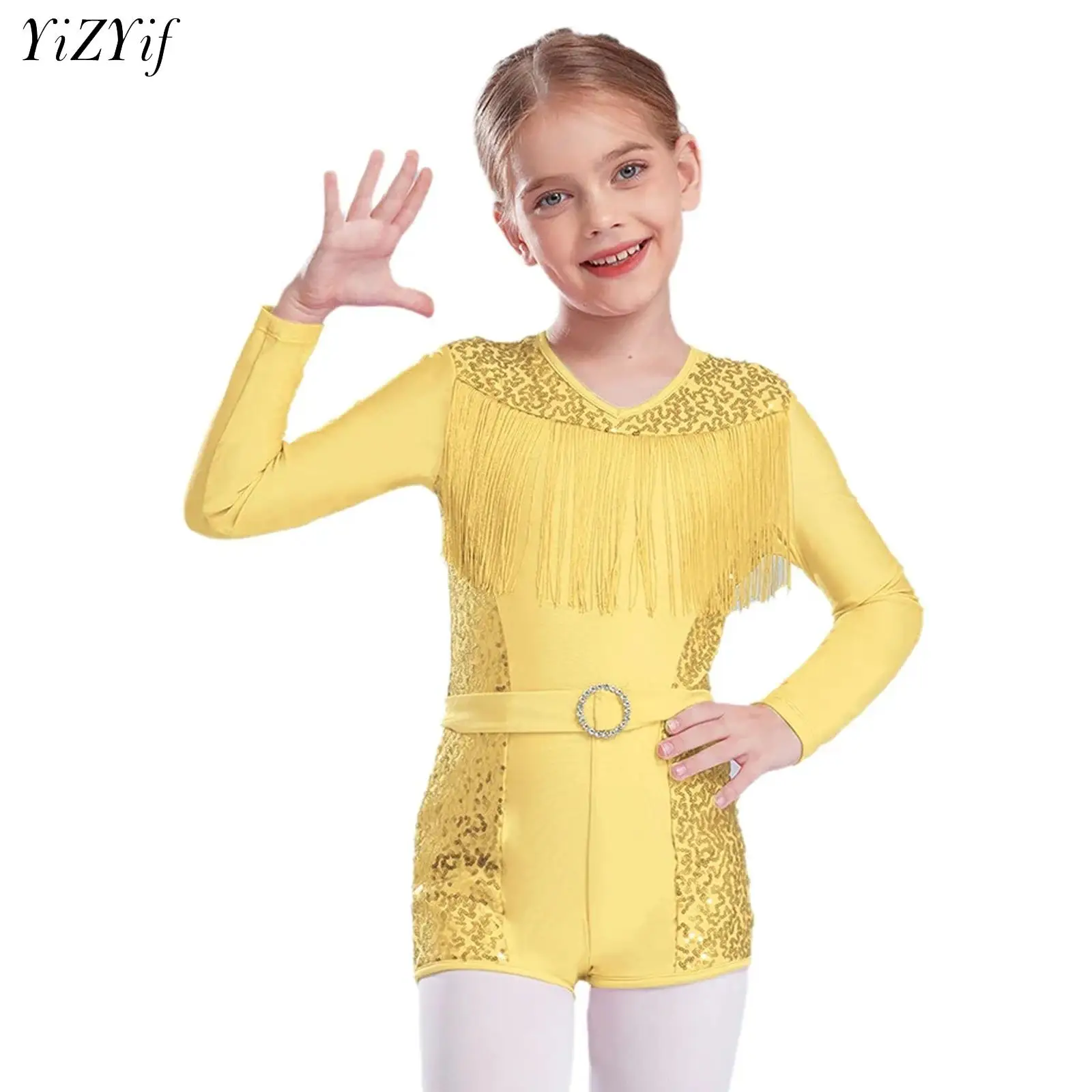 

Kids Girls Shiny Sequin Tassel Boyshorts Bodysuit Ballet Dance Dress Teen Fringe Latin Jazz Cha-cha Samba Performance Costume