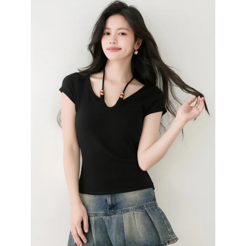 

Shipped Black Halter Neck Short Sleeve T-Shirt Summer New Design V-Neck Regular Shoulder Unique Short Top