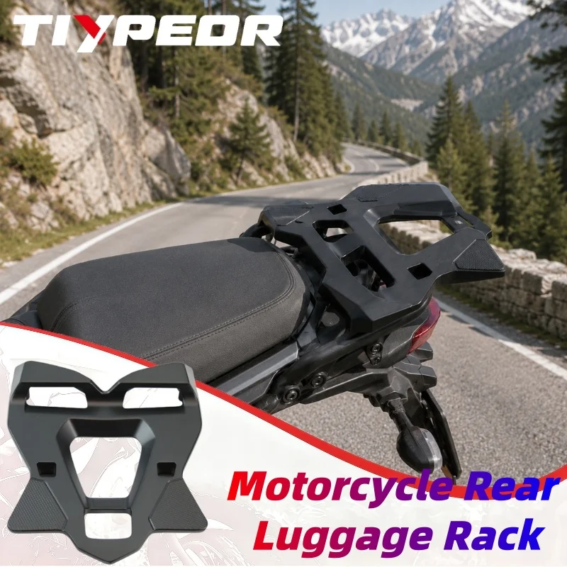 TIYPEOR Motorbike Top Rack for Adventure Touring Motorcycle Rear Luggage Carrier Tie Down Slots ADV Dirt Bike Dual Sport Black