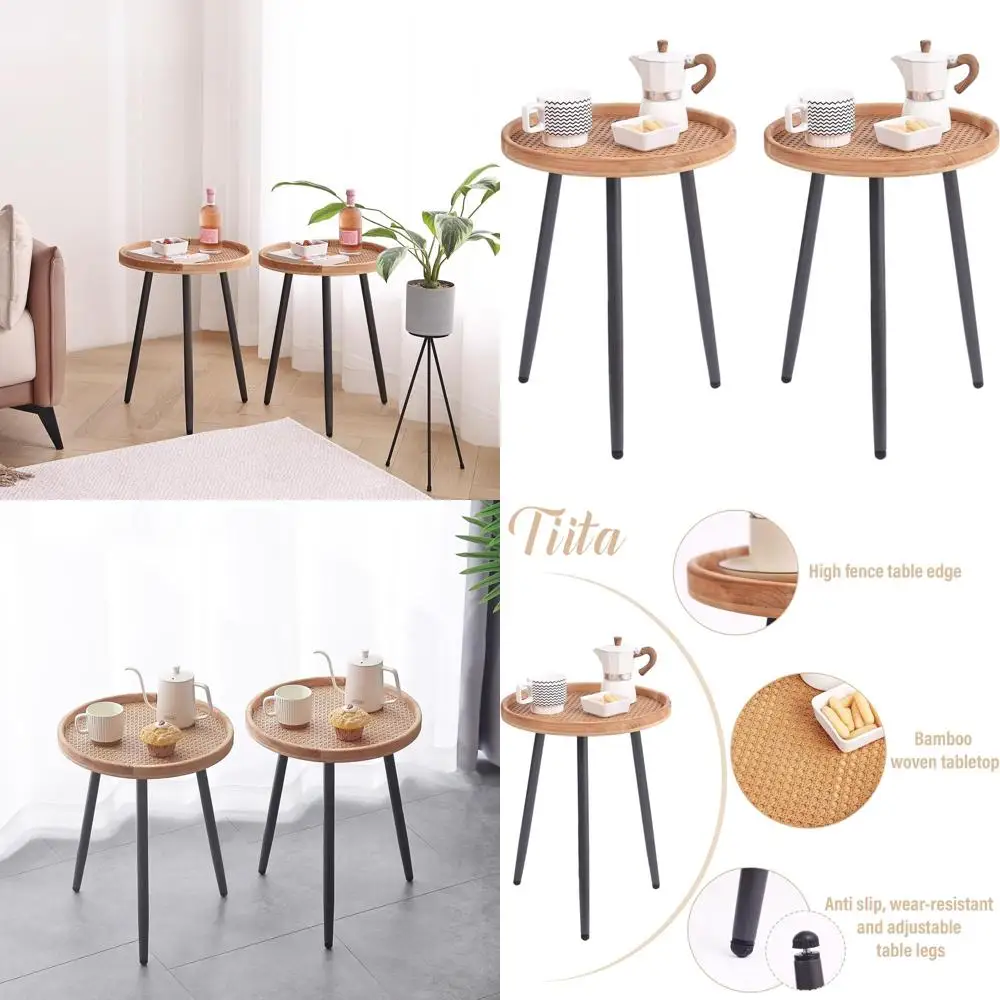 

Round Rattan End Table with Wooden Tray: Accent Coffee Table for Living Room, Bedroom, and Office in Small Spaces