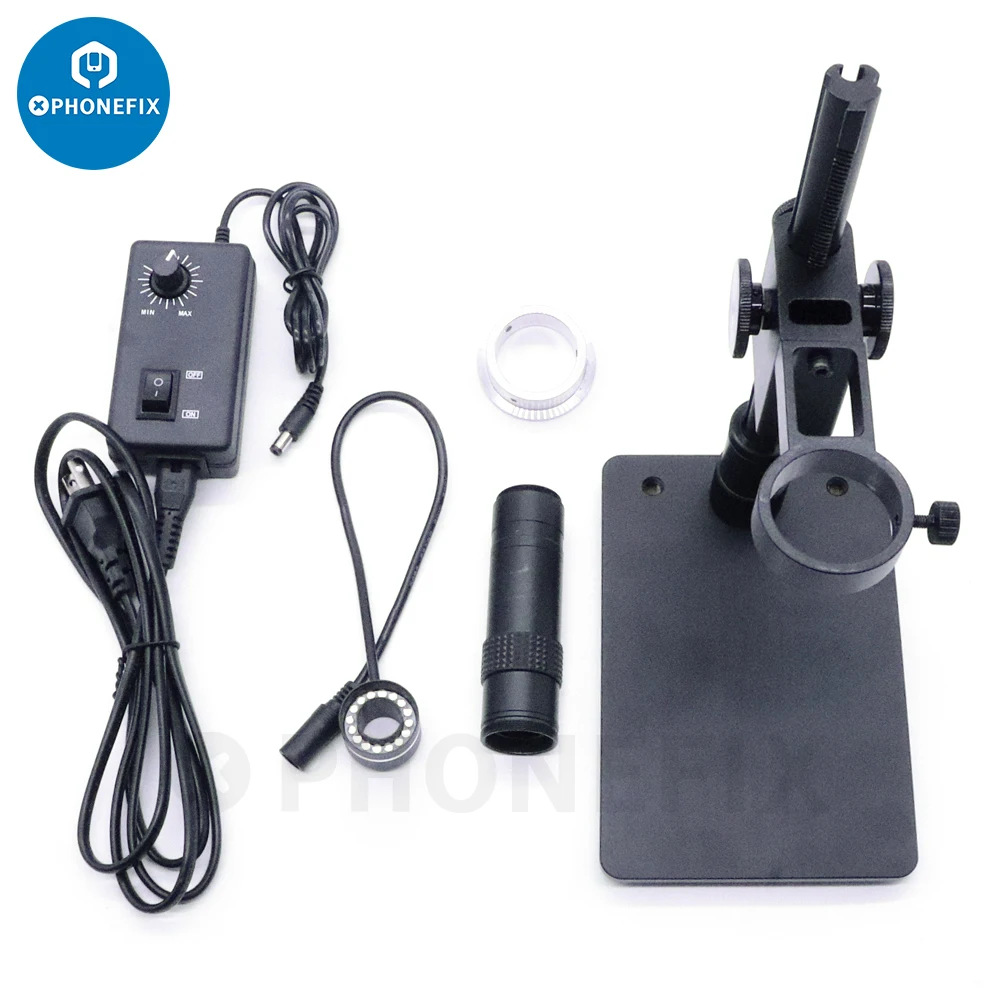 Portable Industrial Microscope Set with 130X C Mount Lens Adjustable 16LEDs Ring Light Aluminum Alloy Stand for Microelectronics