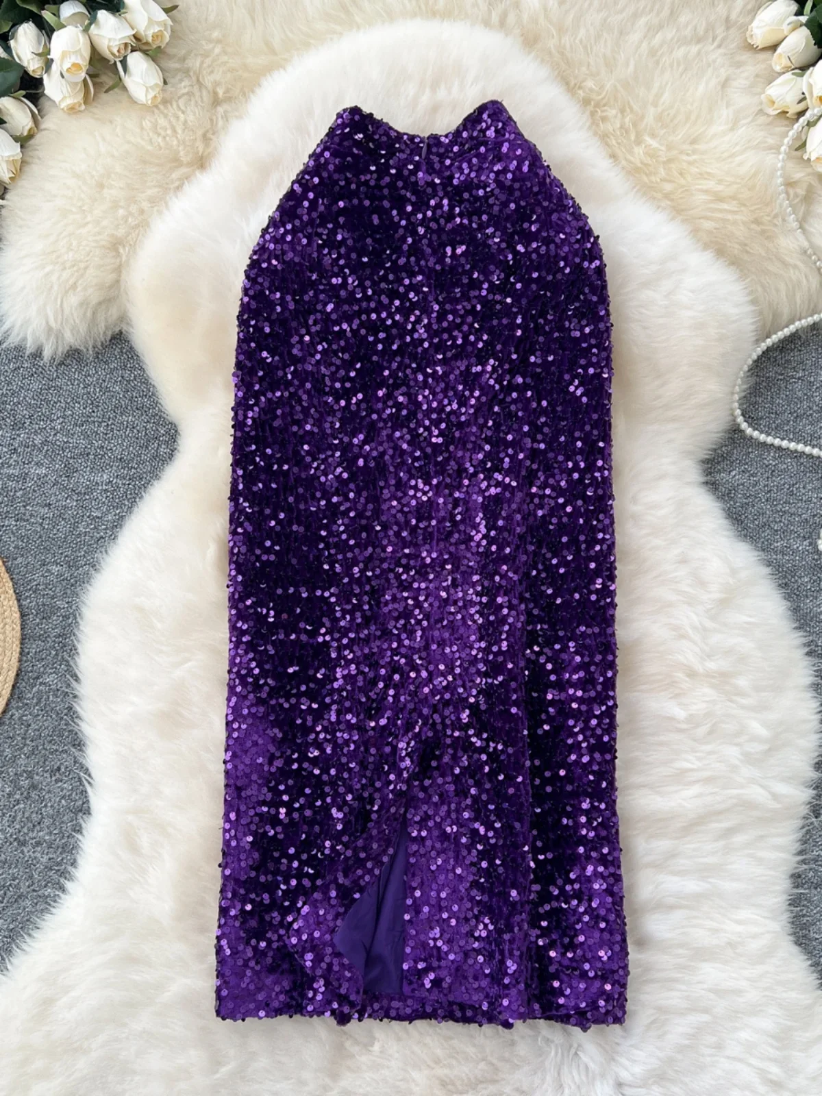 Foamlina-Jupe longue en velours à paillettes violettes pour femme, jupe slim pour club de fête d'anniversaire, jupe longue Rotterdam pour femme, mode