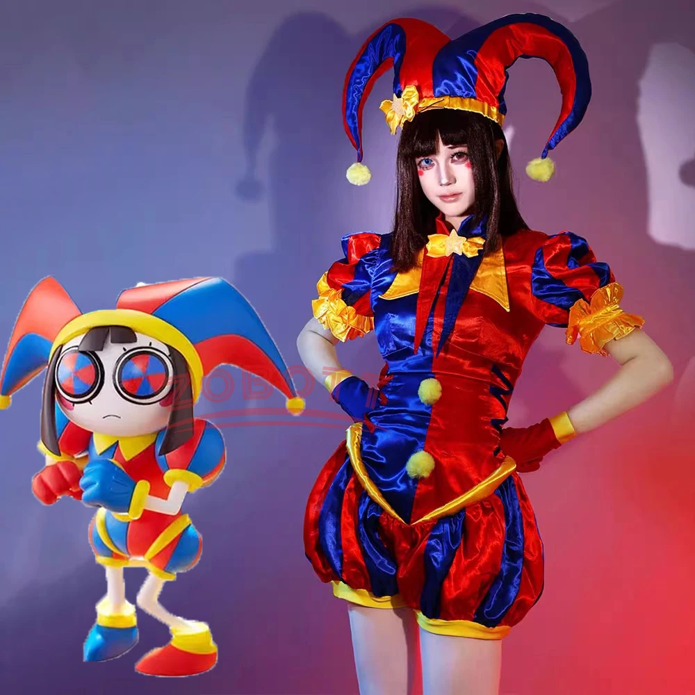 

Clown Cosplay Costume Jester Jumpsuit Costume Blue Red Jumpsuit and Hat with Gloves Socks Christmas Halloween Party Costumes