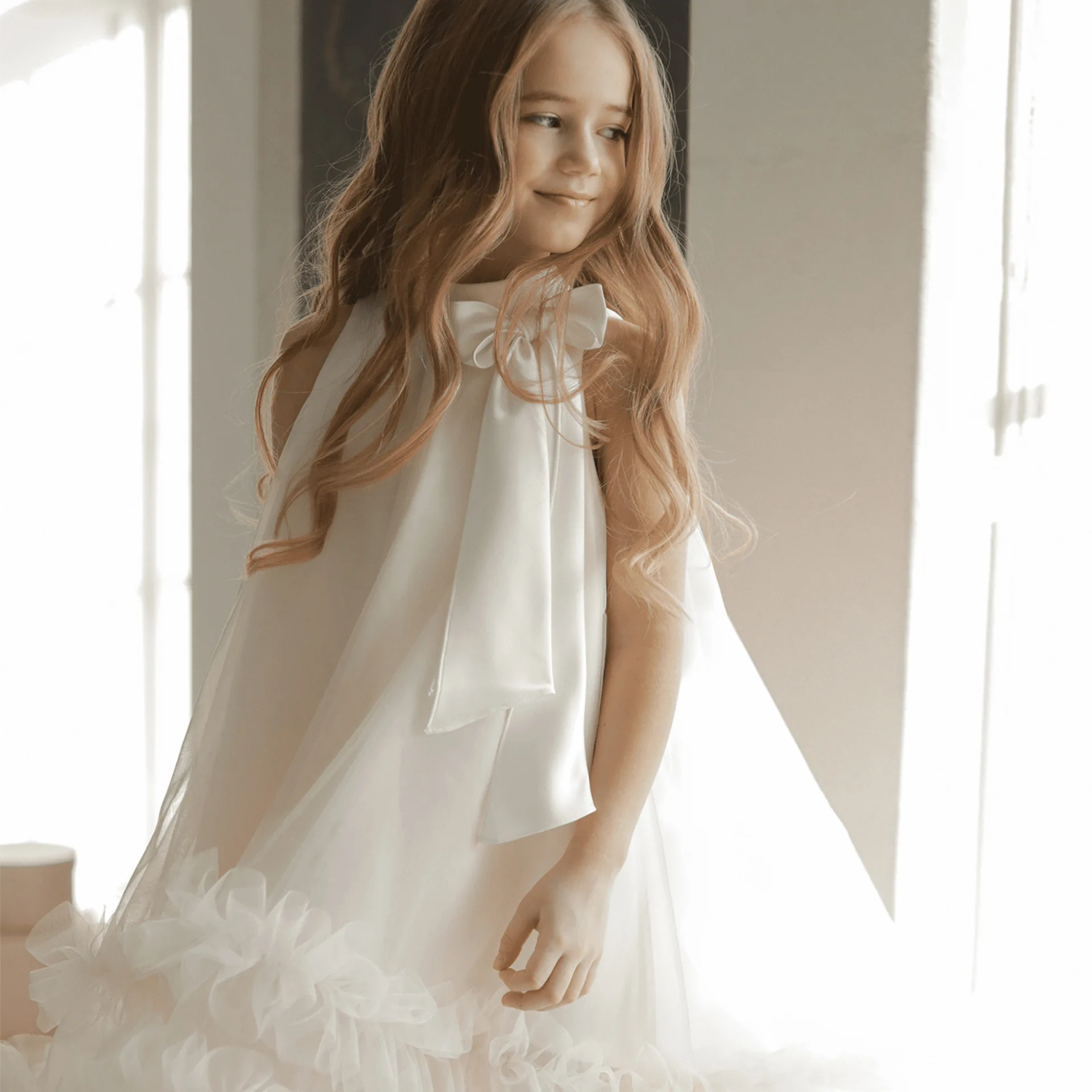 

Flower Girls White Fluffy Ruffles Tulle Princess Dress For Children Wedding Bridesmaid Birthday Party Ceremony Performance Gown