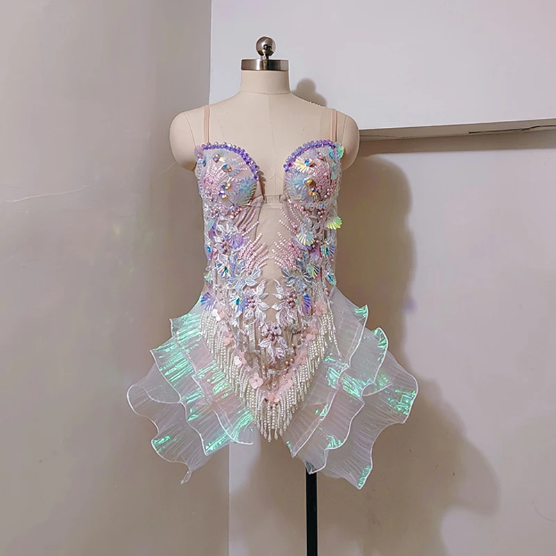 Sexy Zeemeermin Kostuum Vrouwen Prestaties Outfit Borduren Bodysuit Gogo Drag Queen Kleding Festival Party Show Rave Kleding yk