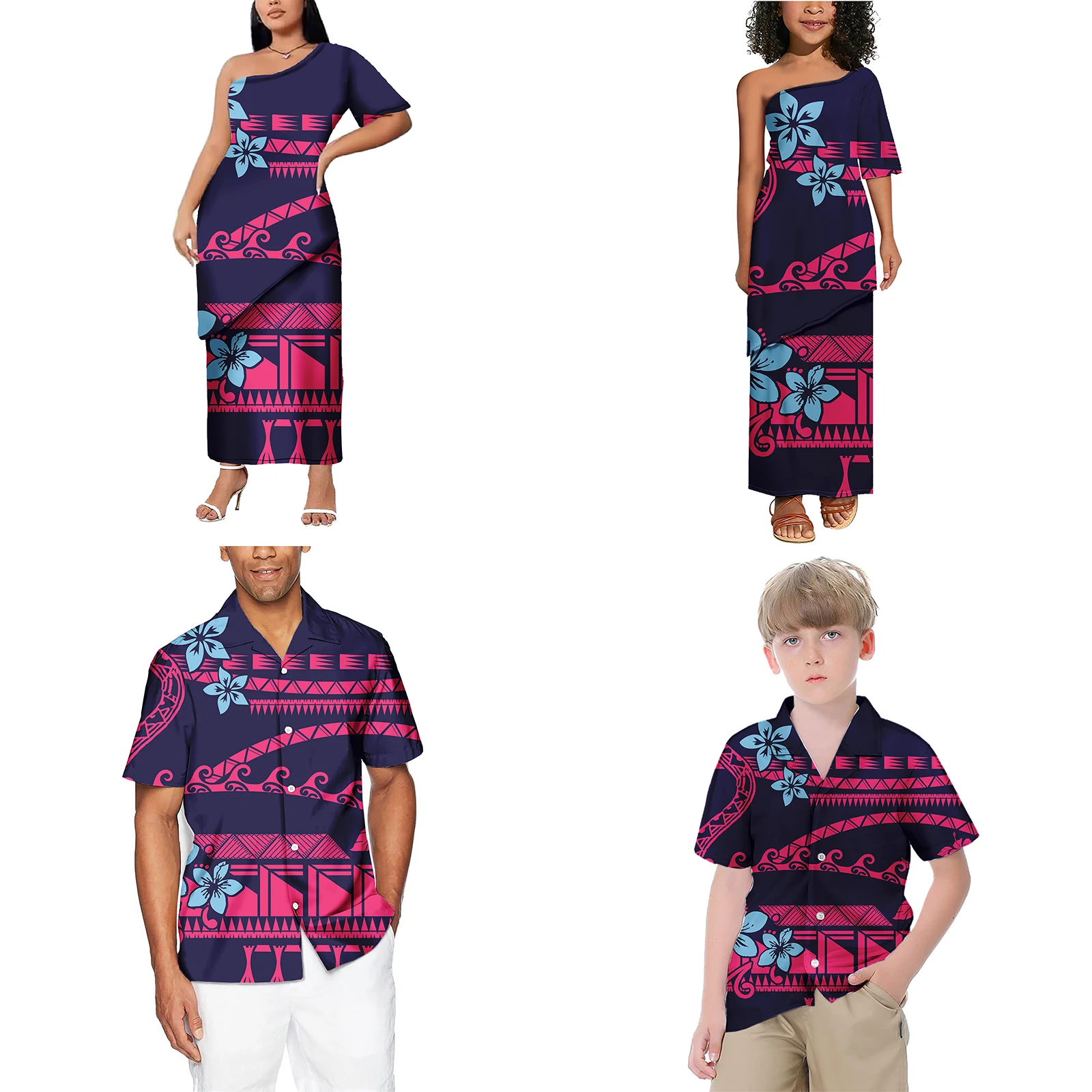 Family Matching Summer Outfits Short Sleeve Shirt Boys Sexy Little Girls Party Dresses Polynesian Tribal Customize Parent-child