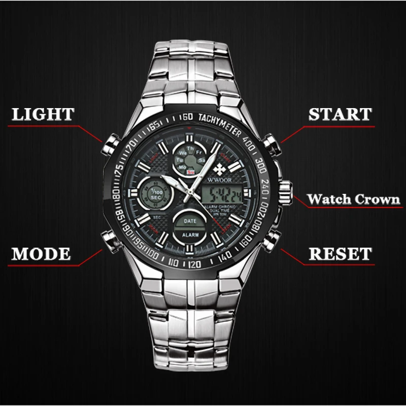 WWOOR Luxury Fashion Men Watch Sports Watch For Men Chronograph Dual Display Quartz Wristwatch Steel Band Waterproof Male Clock