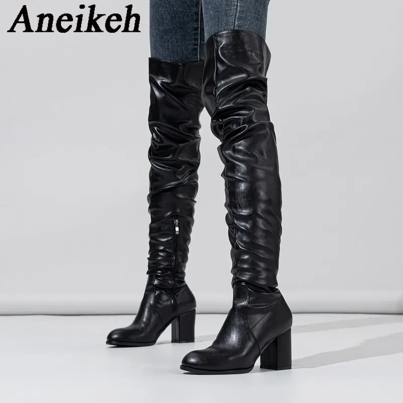 

Aneikeh Mature Women's PU Round Toe Motorcycle Over Knee Long Boots 2024 Spring/Autumn New High Top Side Zipper Thick Heel Boots